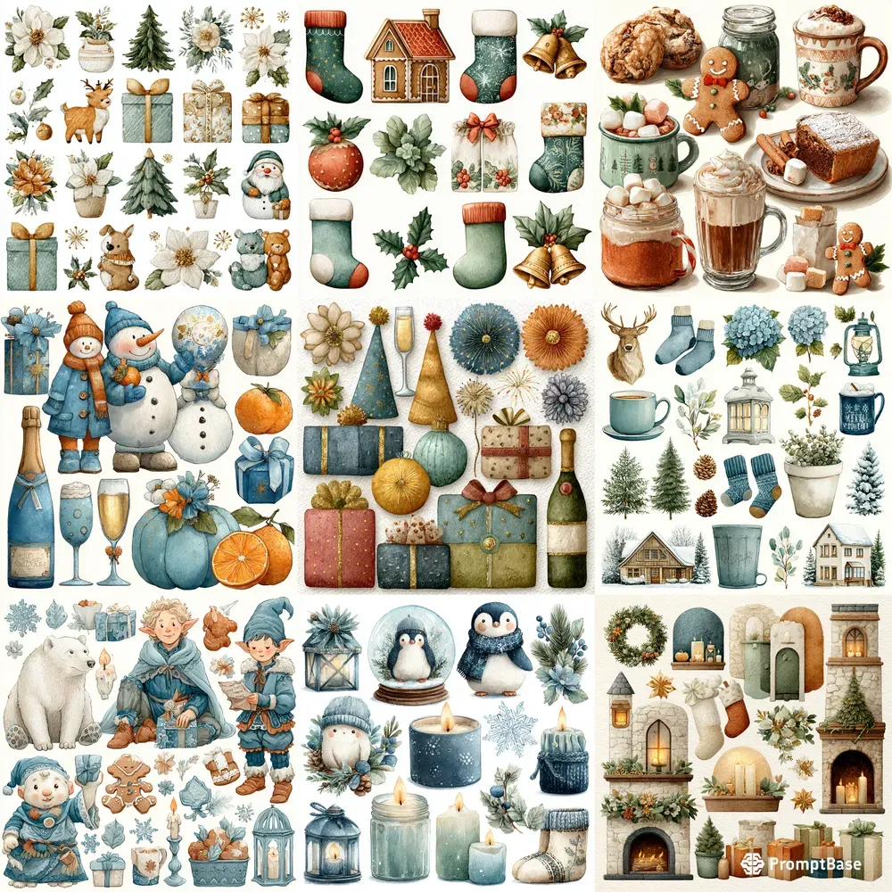 Dreamy Holiday Watercolor Clipart Midjourney Prompt | PromptBase