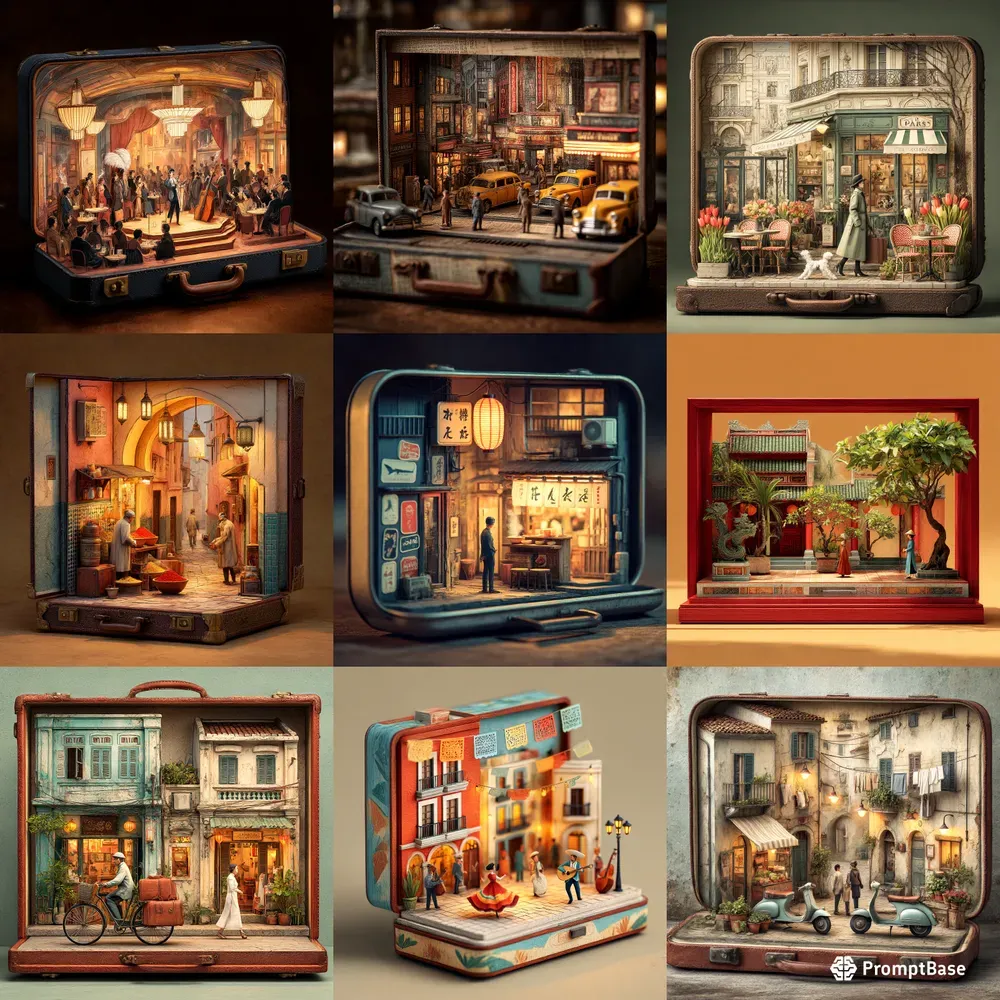 Suitcase Dioramas Of Bygone Cities Midjourney Prompt PromptBase