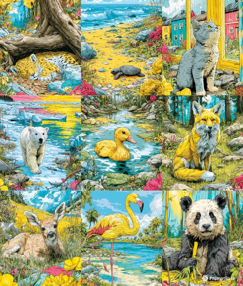Yellows Animal Storybook Scenes Midjourney Prompt | PromptBase