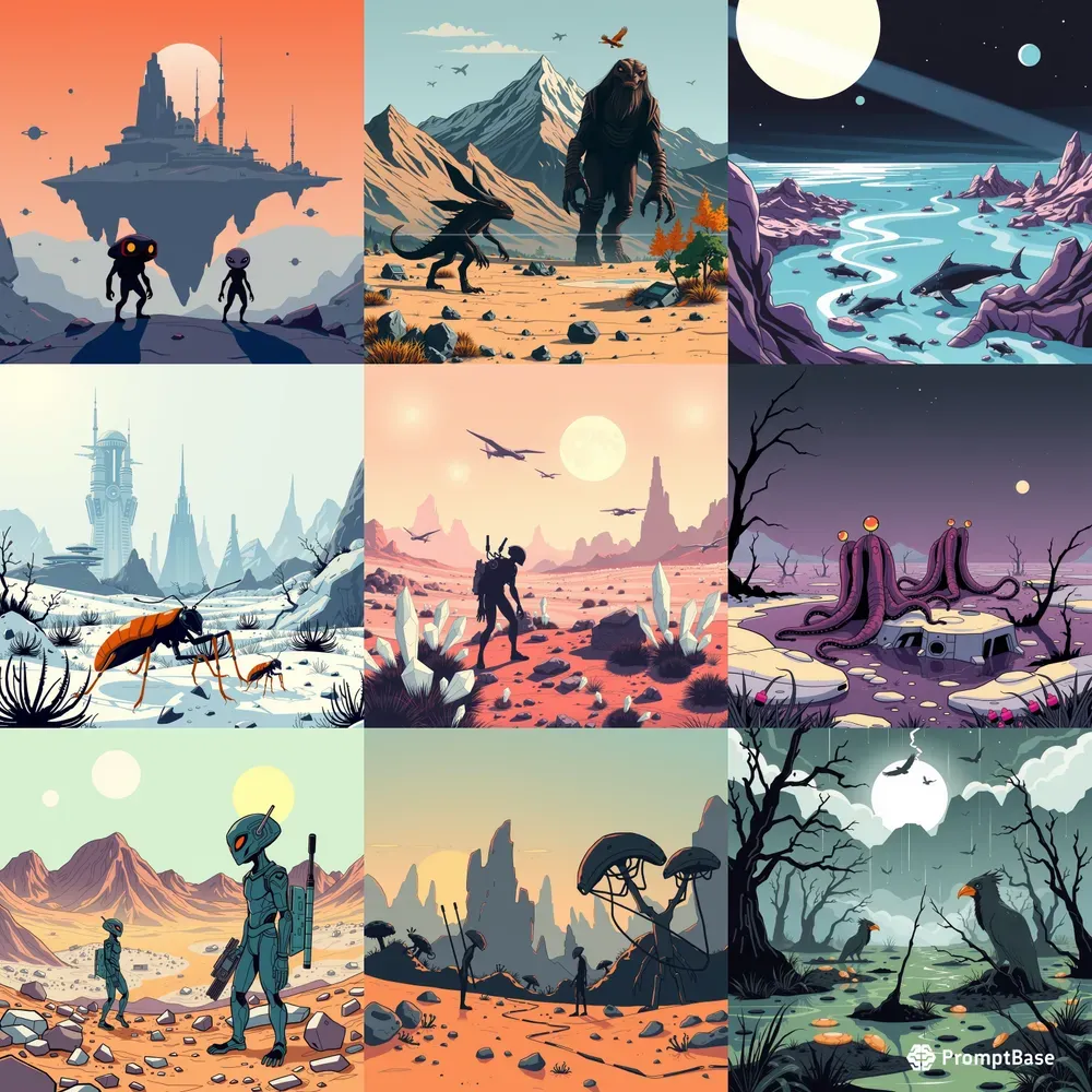 Minimalist Comicstyle Alien Landscapes DALL·E Prompt | PromptBase