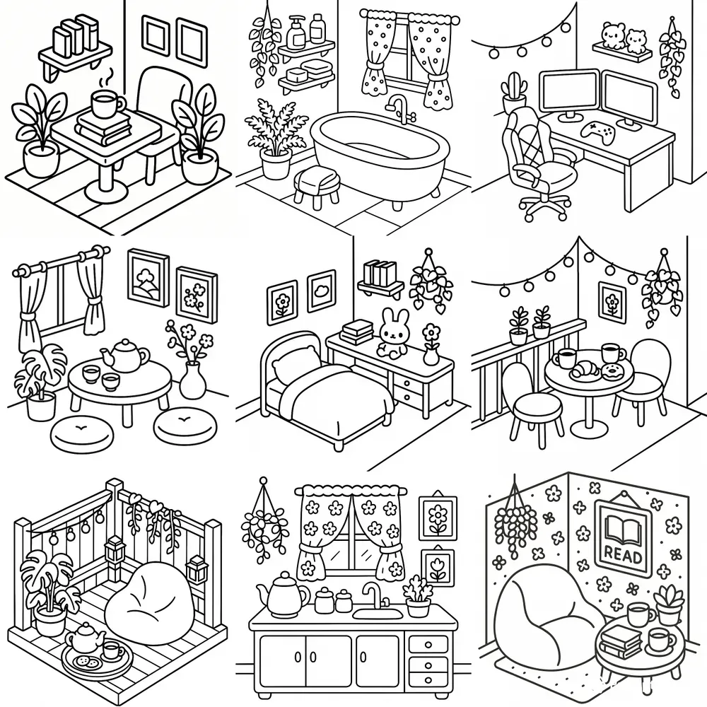 Kdp Cute Cozy Corners Coloring Pages ChatGPT Image Prompt | PromptBase