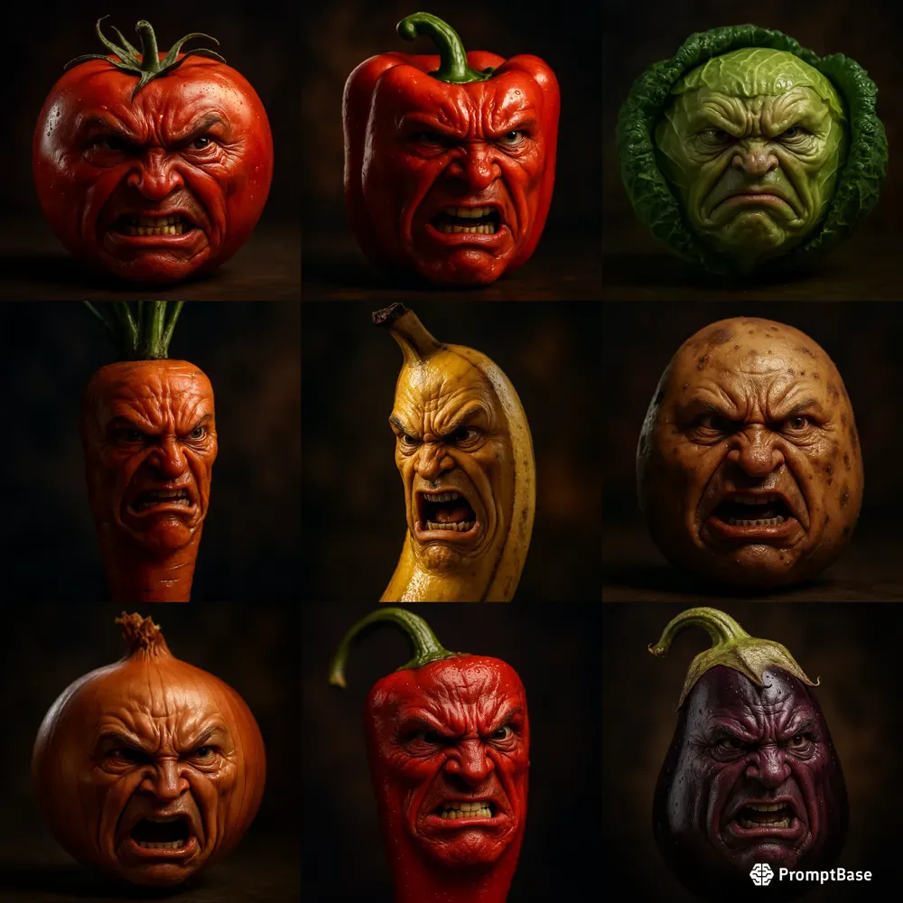 Angry Humanfaced Food Art ChatGPT Image Prompt | PromptBase