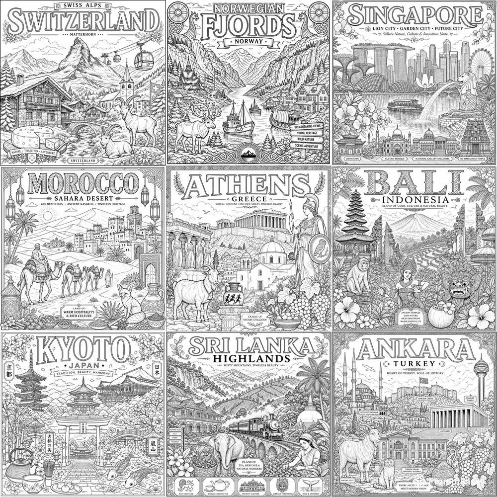 Vintage Travel Coloring Poster Packs ChatGPT Image Prompt | PromptBase