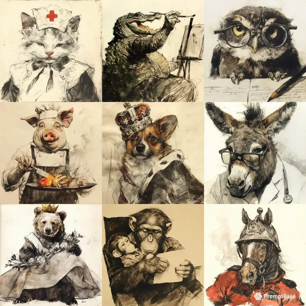Charcoal And Watercolor Animal Character Midjourney Prompt | PromptBase