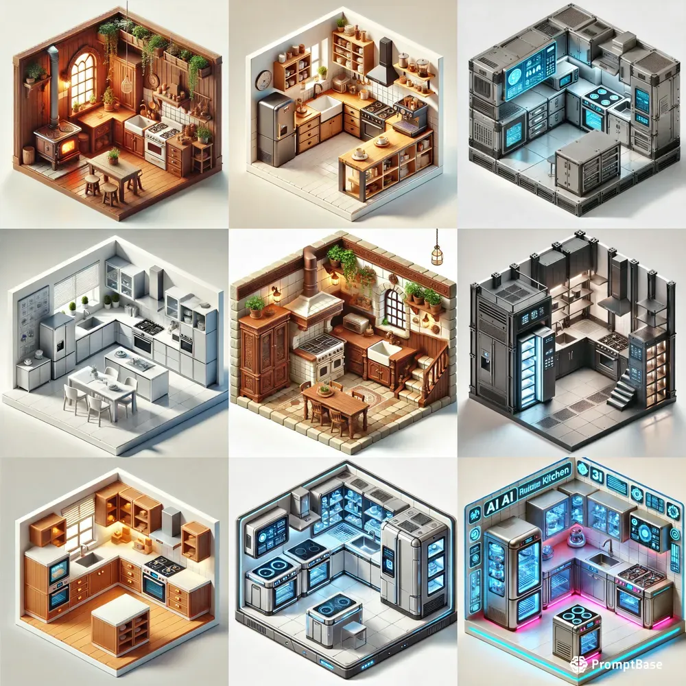 Isometric Modern Kitchen 3D Game Art DALL·E Prompt | PromptBase