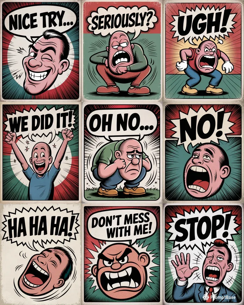 Retro Comic Reactions Bold Expressives Ideogram Prompt | PromptBase