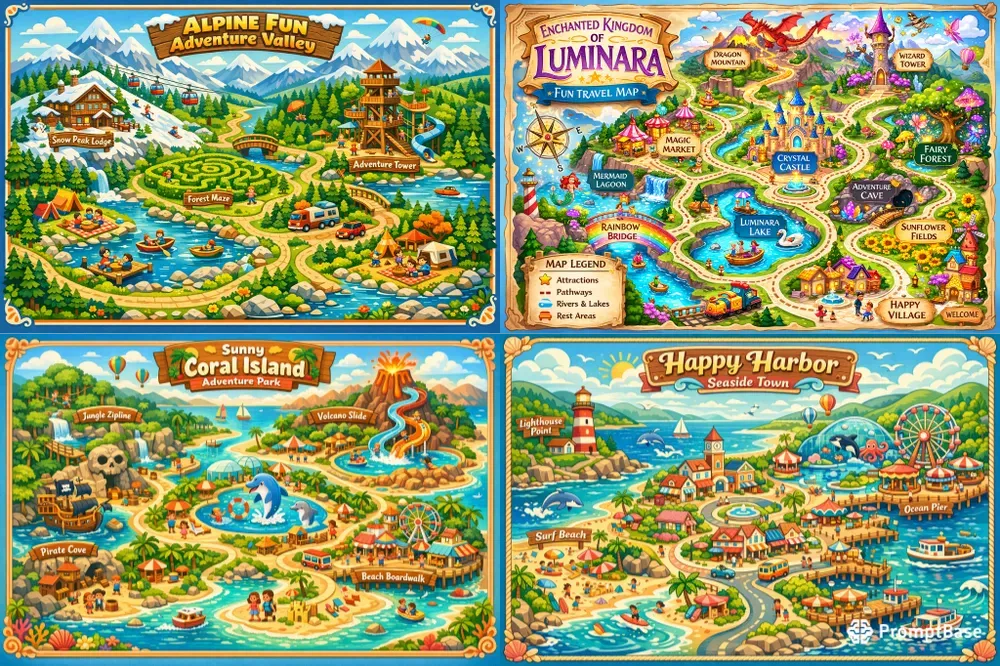 Fun Route Map Examples Playful Cartoon Travel Map Designs ChatGPT Image Prompt | PromptBase
