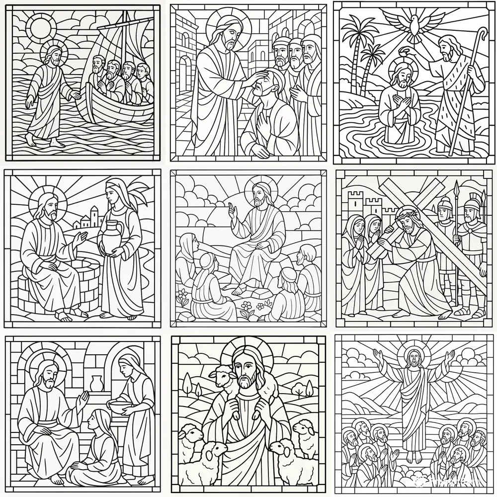 Jesus Stained Glass Coloring Book Pages ChatGPT Image Prompt | PromptBase
