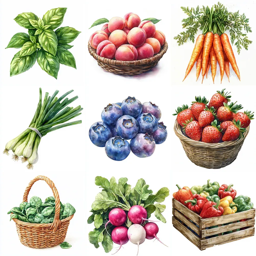 Watercolor Spring Harvest Cliparts Midjourney Prompt | PromptBase