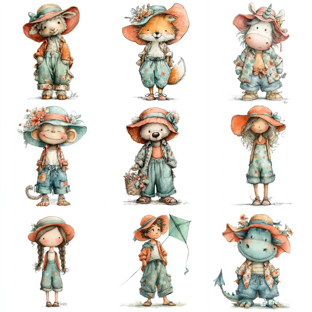Whimsical Summer Clipart Animals Kids Art Midjourney Prompt | PromptBase