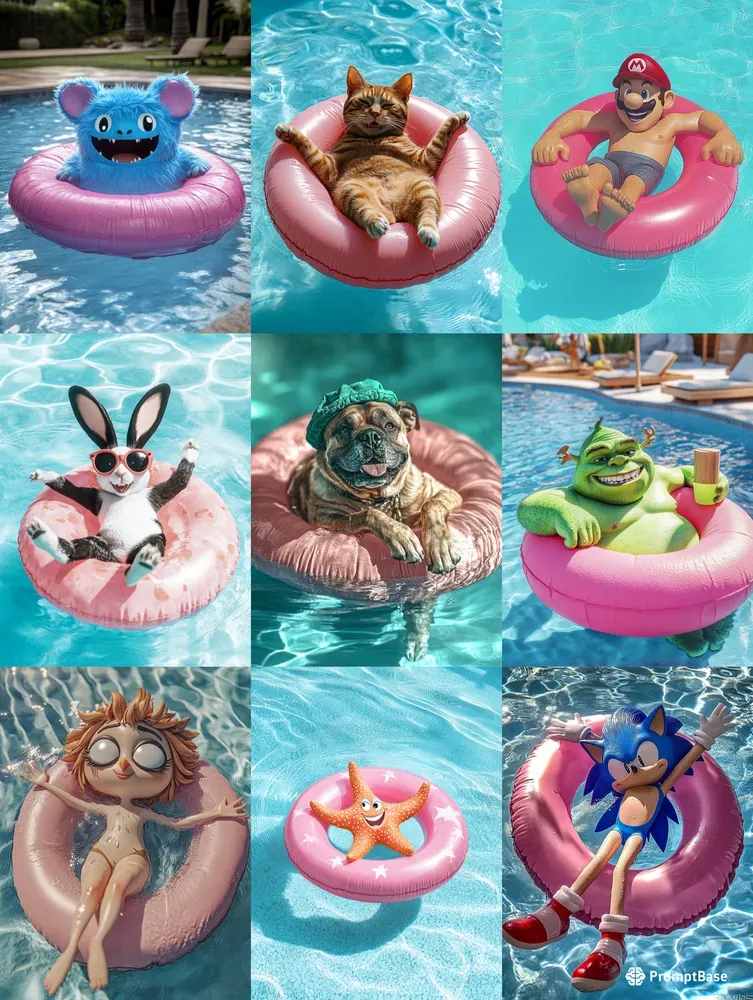 Cartoon Characters Floating In A Pool Midjourney Prompt | PromptBase