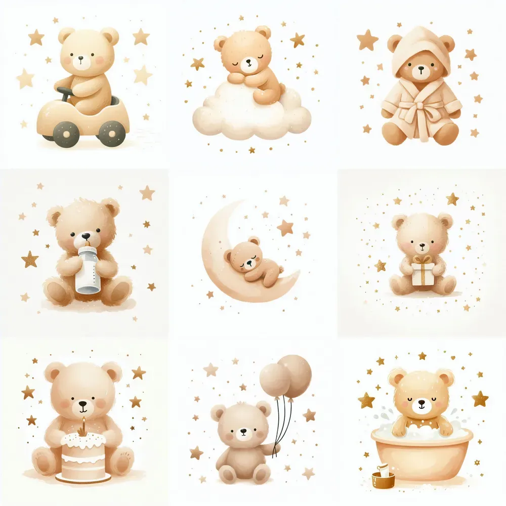 Cute Watercolor Beige Teddy Bear Cliparts