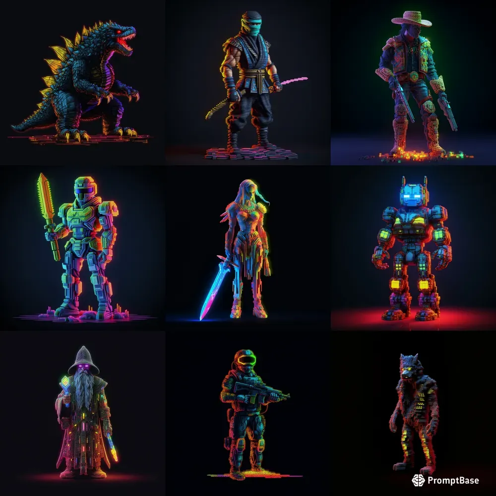 3D Neon Pixel Game Characters