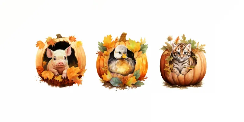 Cute Autumn Animals In Pumpkins Cliparts generated by undefined