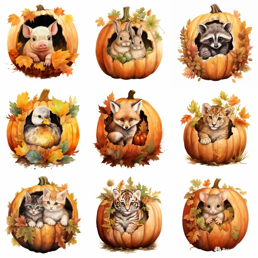 Cute Autumn Animals In Pumpkins Cliparts