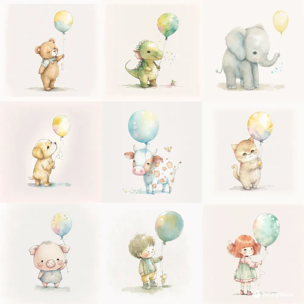 Cute Animals With Balloons Nursery Art
