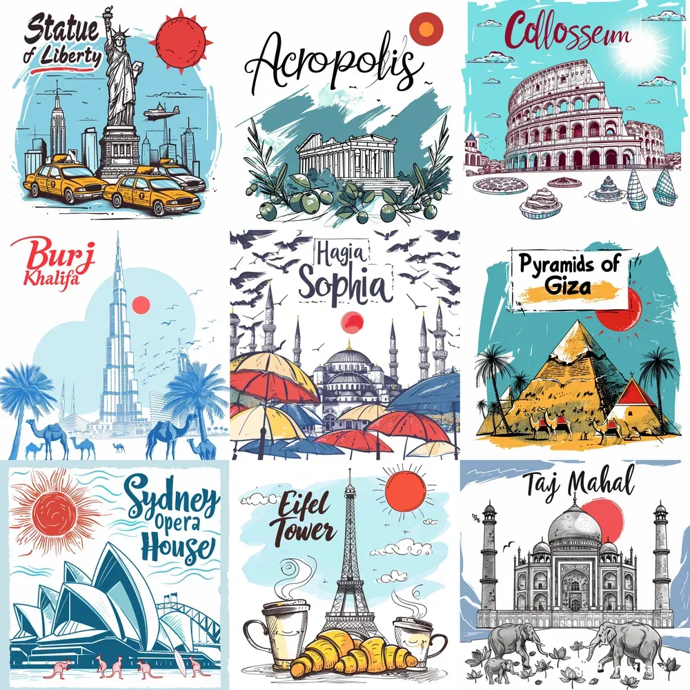 Famous Landmarks In Simple Drawings