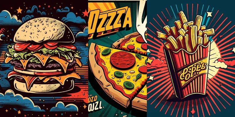 Fast Food Dishes 90s Comic Book Style generated by undefined
