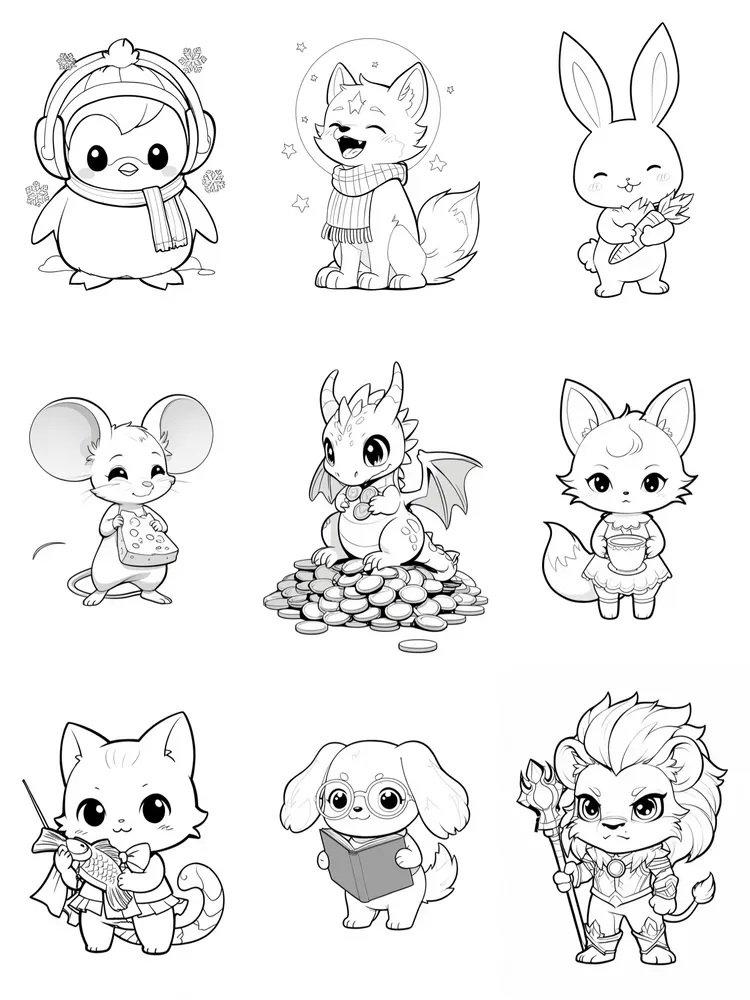 Whimsical Coloring Book Animal Portraits