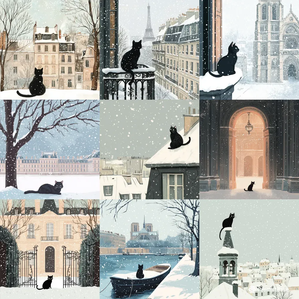 Serene Winter French Cat Life Scenes