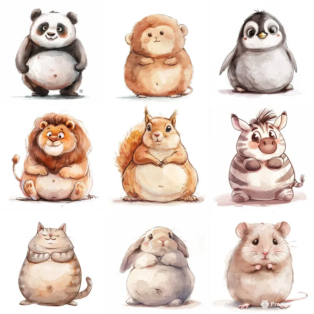 Watercolor Paintings Cute Chubby Animals