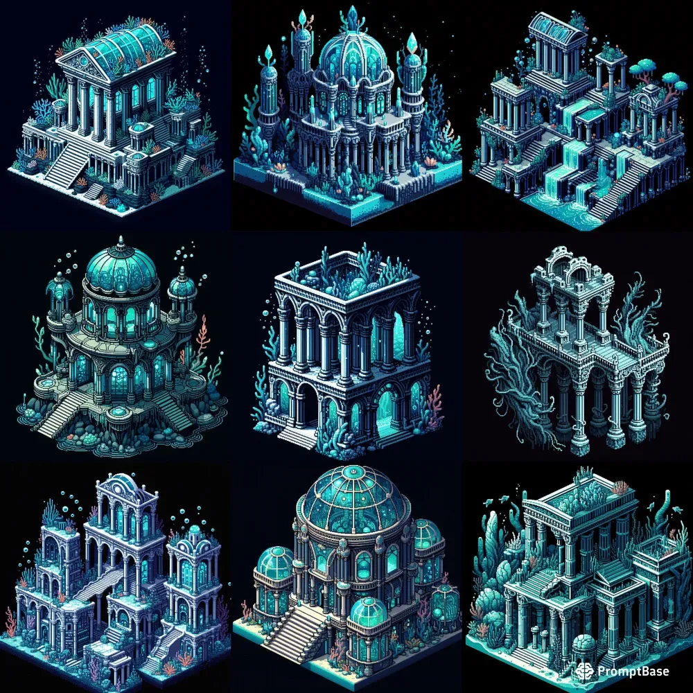 Isometric Underwater Pixel Art Buildings