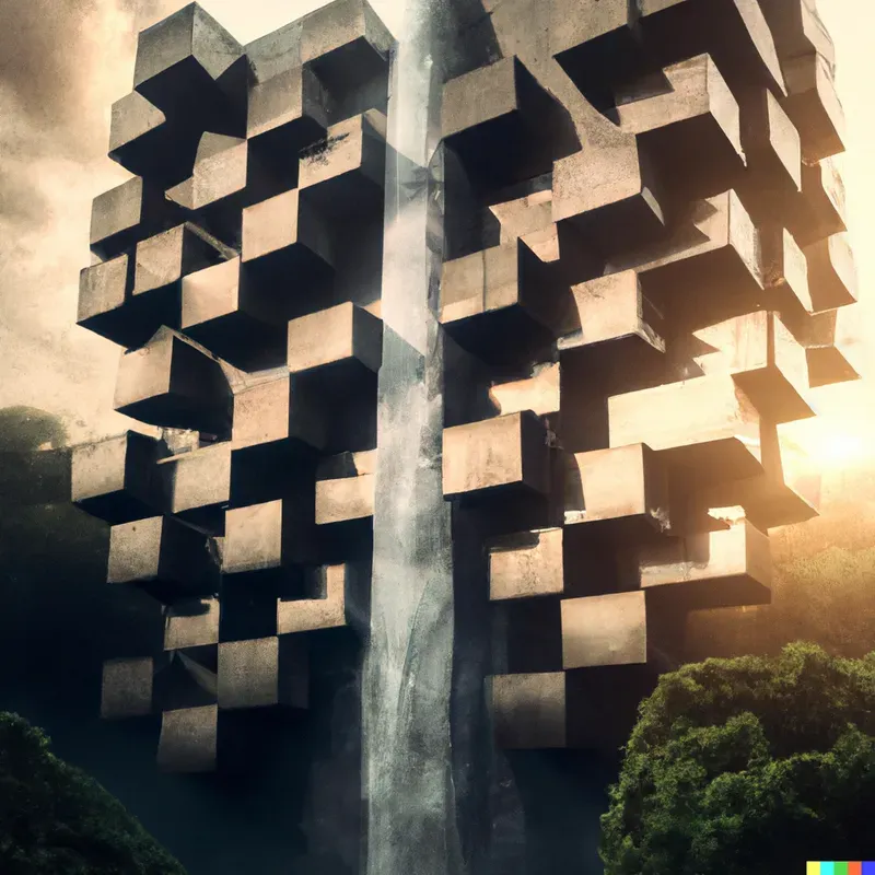 Futuristic Buildings with Beautiful Waterfalls