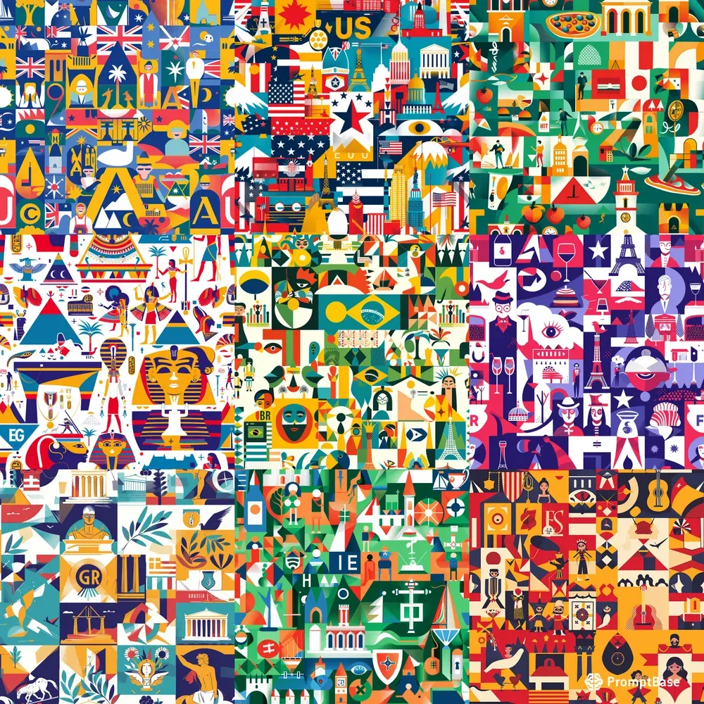 Countries Iconic Symbols Seamless Patterns