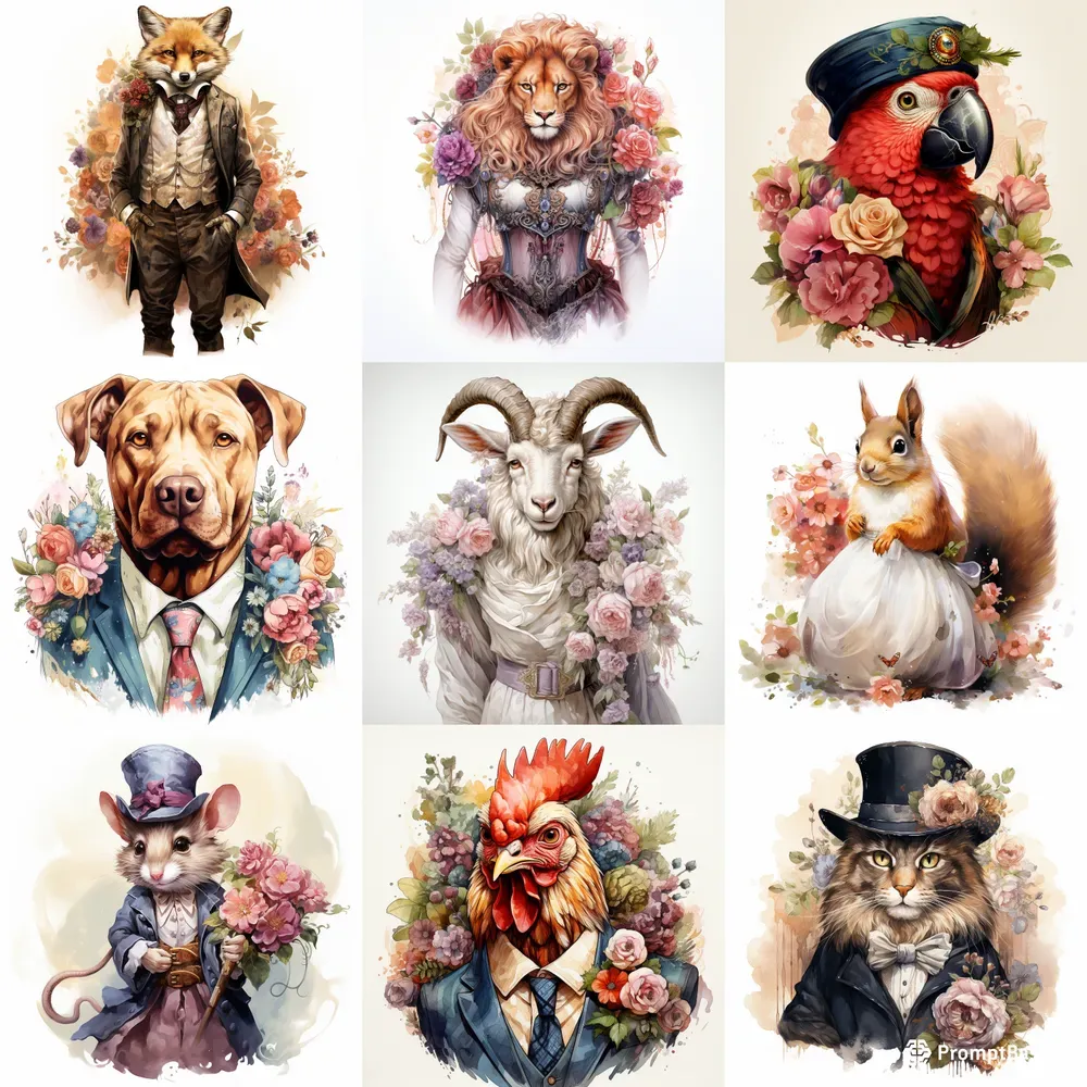 Victorian Animals Watercolor Clip Art