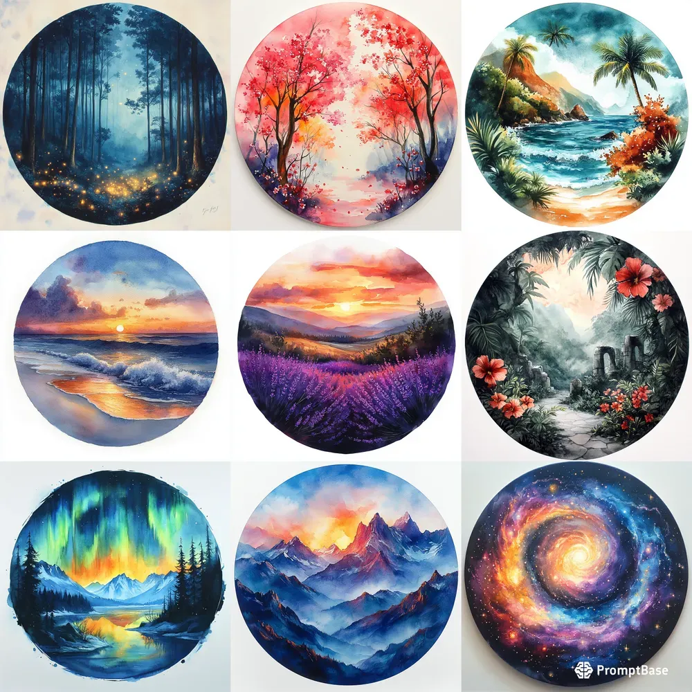Vibrant Circular Watercolor Landscapes