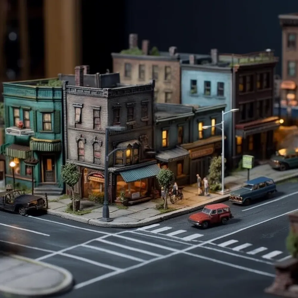 Highly detailed miniature city street diorama