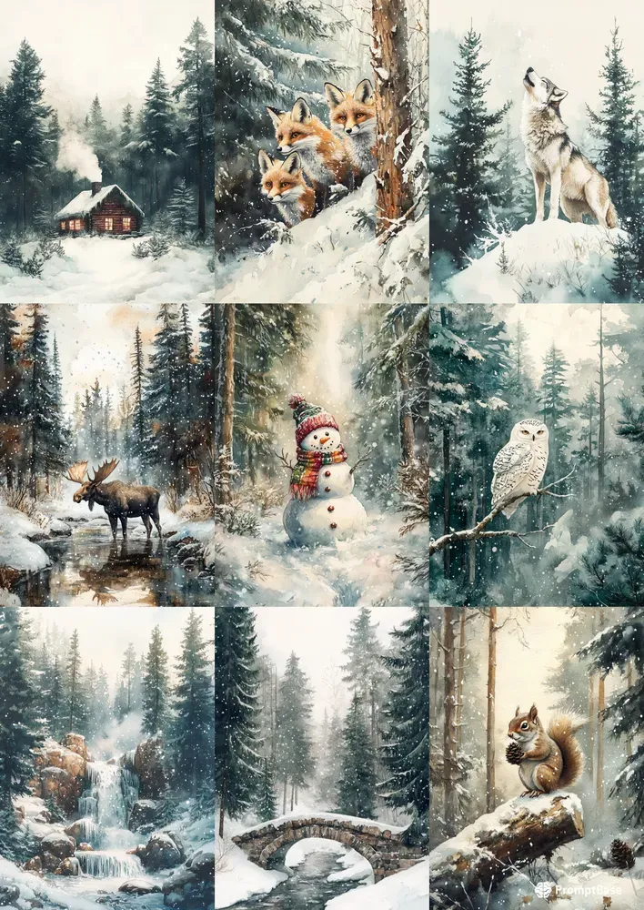 Winter Watercolor Scenes Illustrations