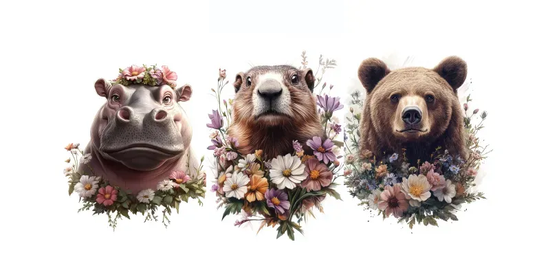 Feminine Animal Portraits With Flowers generated by undefined