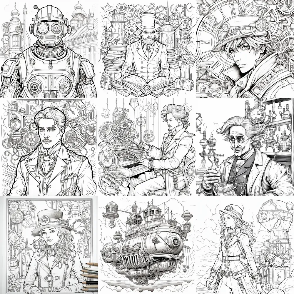 Steampunk Characters Coloring Book Pages
