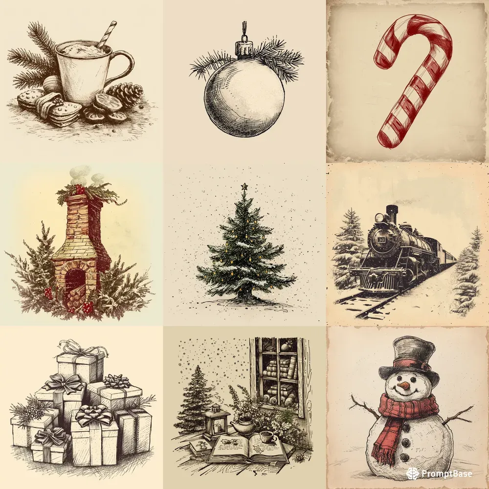 Folk Art Vintage Christmas Sketches