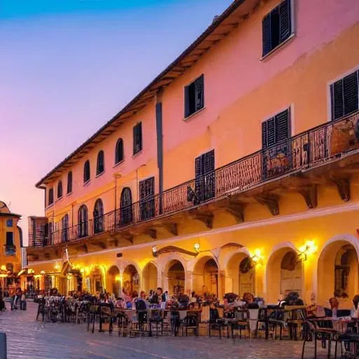 Italian Piaza at Sunset with Restaurants