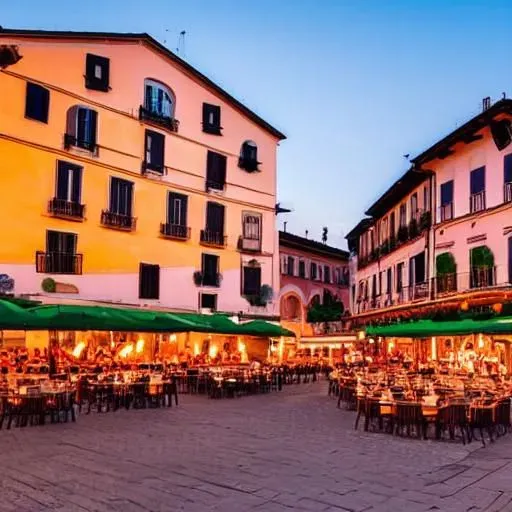 Italian Piaza at Sunset with Restaurants