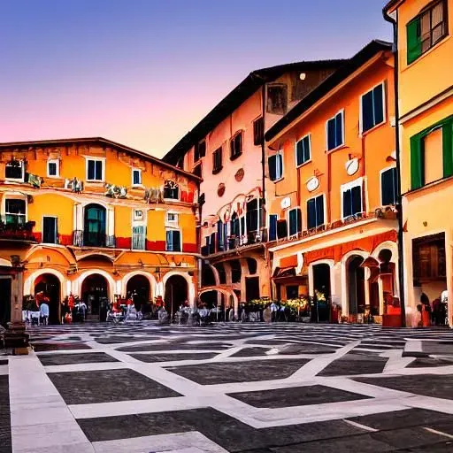 Italian Piaza at Sunset with Restaurants