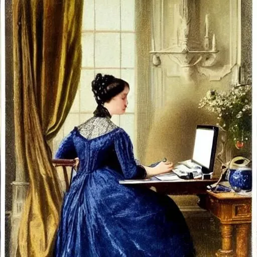 A Victorian English Lady Writing At Her Pc