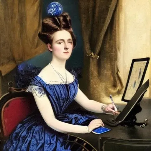 A Victorian English Lady Writing At Her Pc