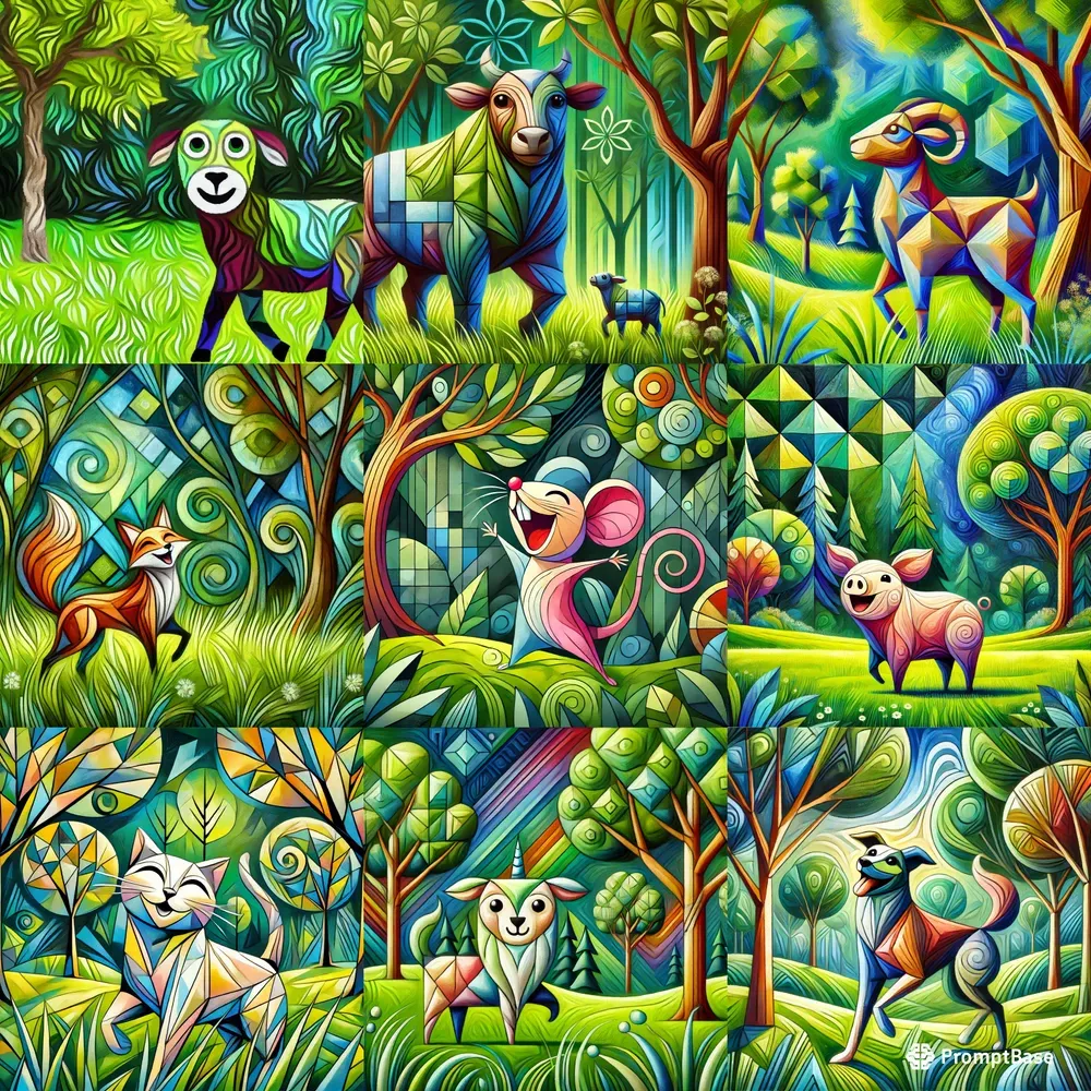 Enchanted Cubist Animals In Dreamy Greens