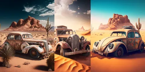 Vintage Cars With Desert Landscape generated by midjourney