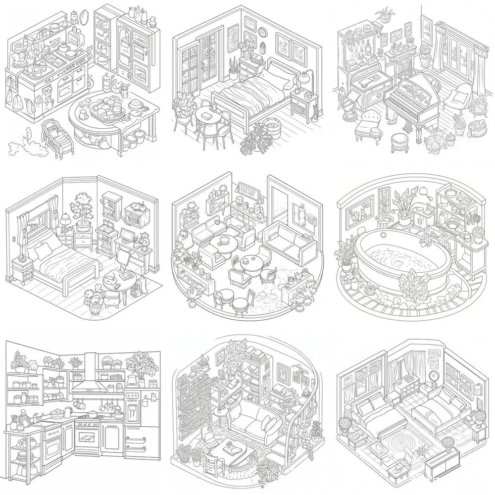 Cozy Spaces Coloring Book Pages