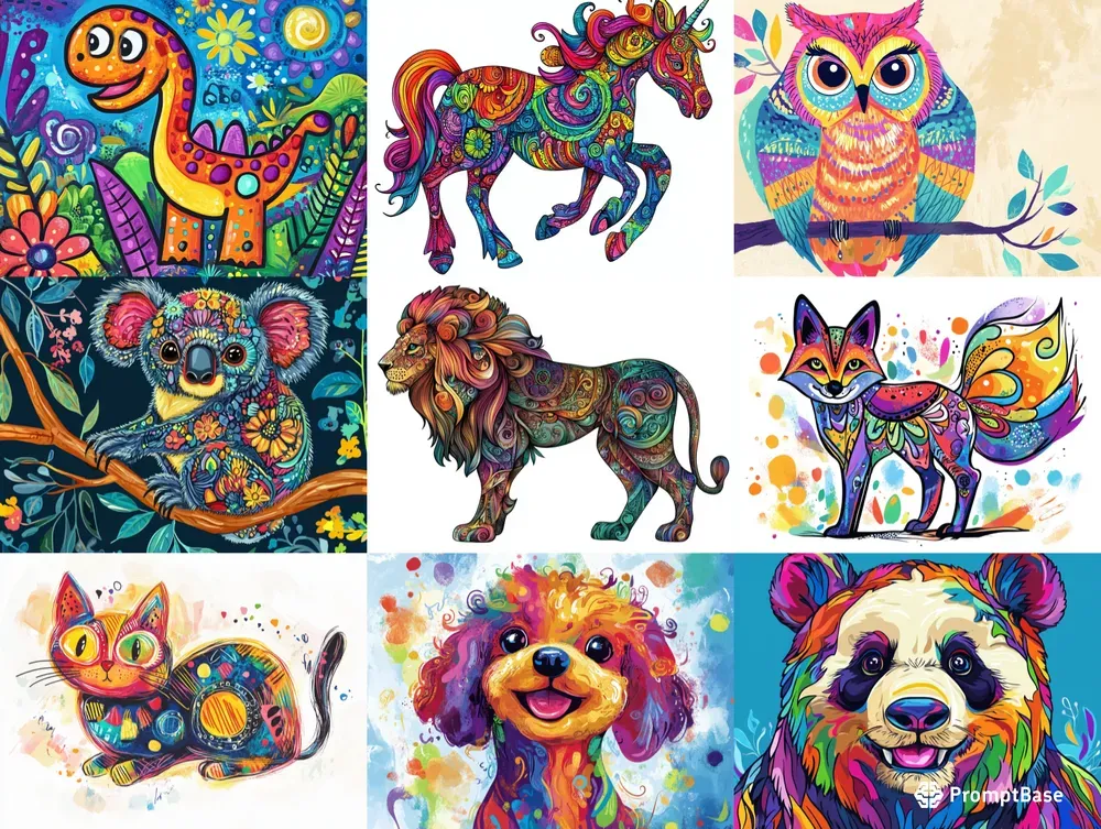 Colorful Doodle Animal Illustrations