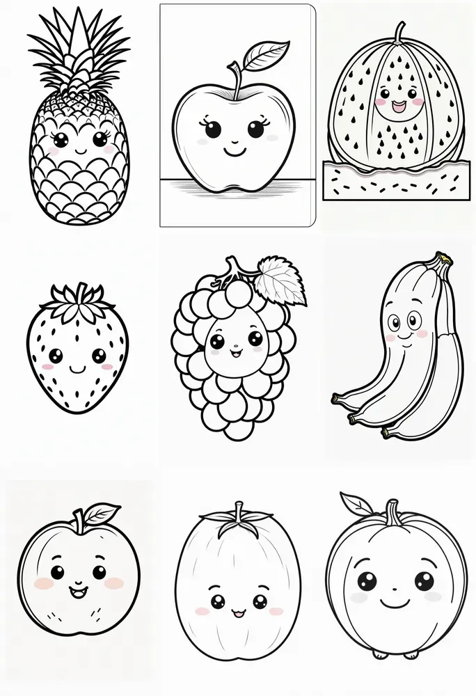 Kawaii Fruits Coloring Book Pages