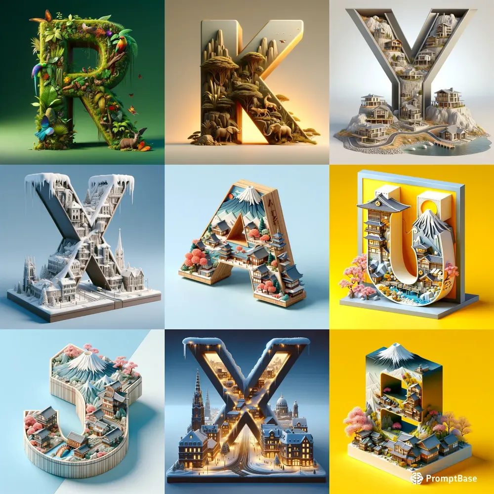3D Letters With Countries Landscapes