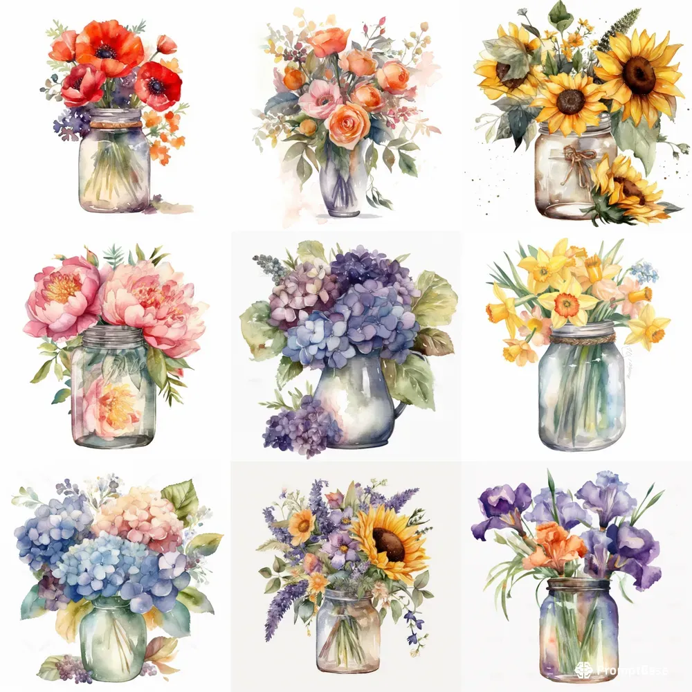 Watercolor Floral Vases Cliparts