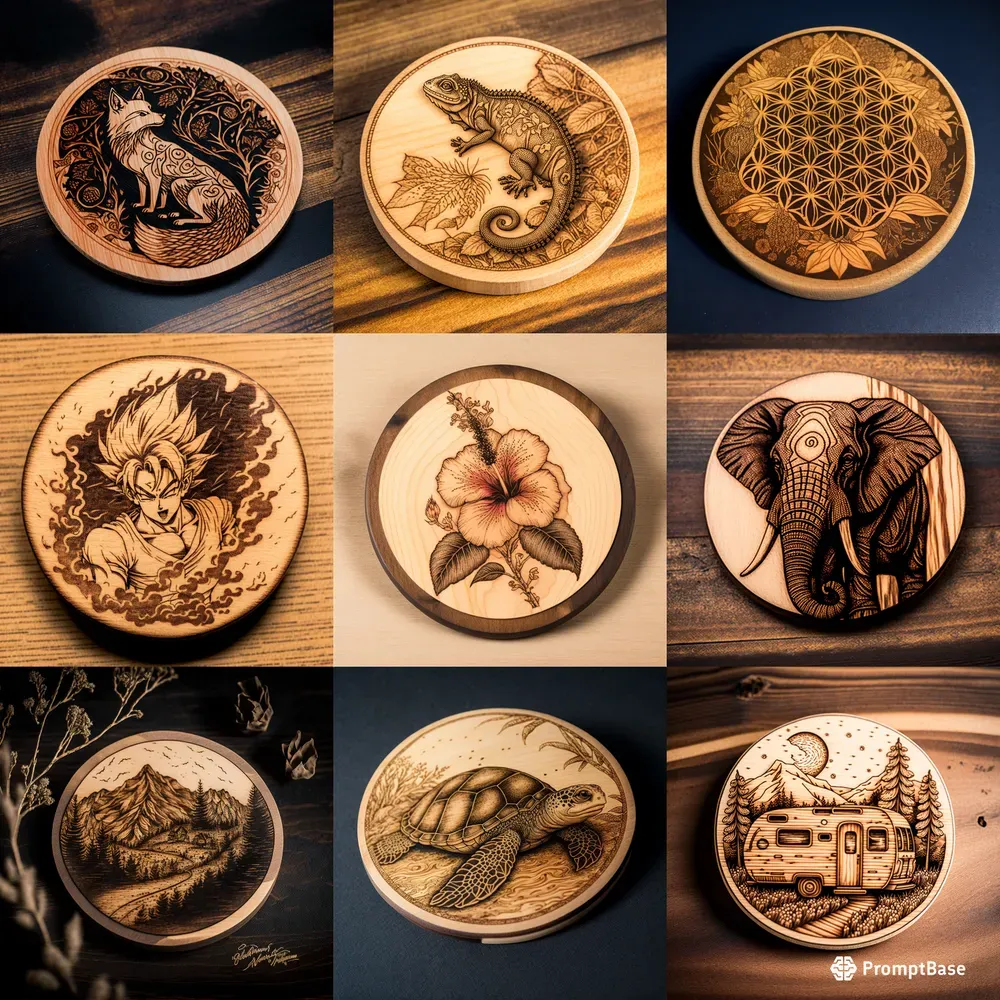 Elaborate Wood Burned Coaster Designs