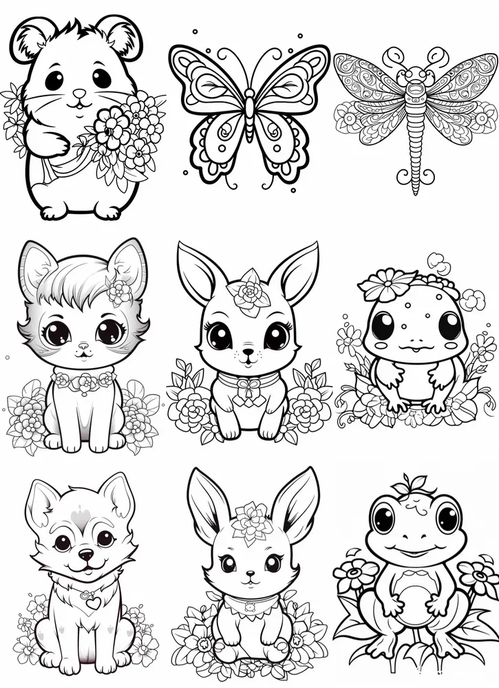 Kawaii Floral Animal Coloring Pages