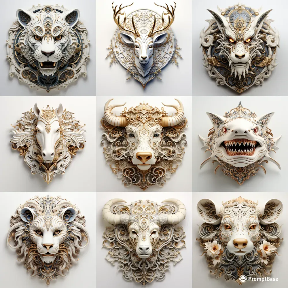 White Leather 3D Animal Heads